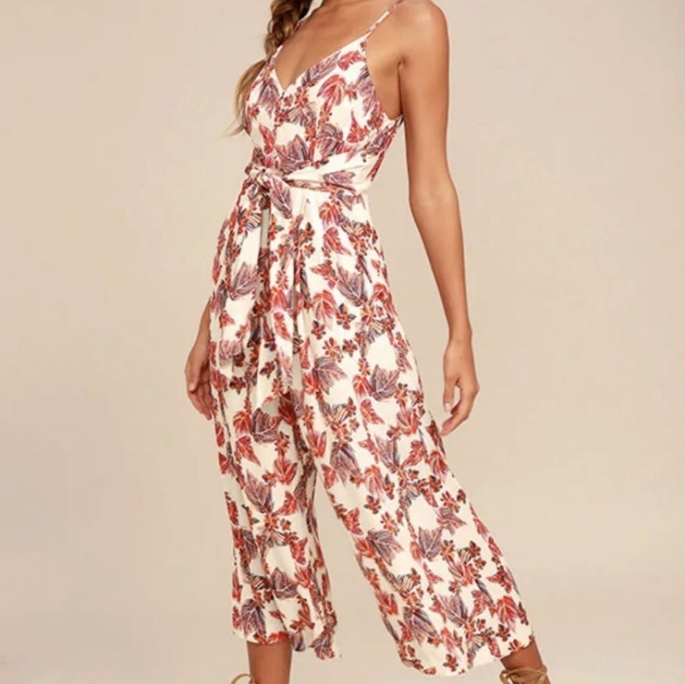 Free people cream tropical print midi jumpsuit